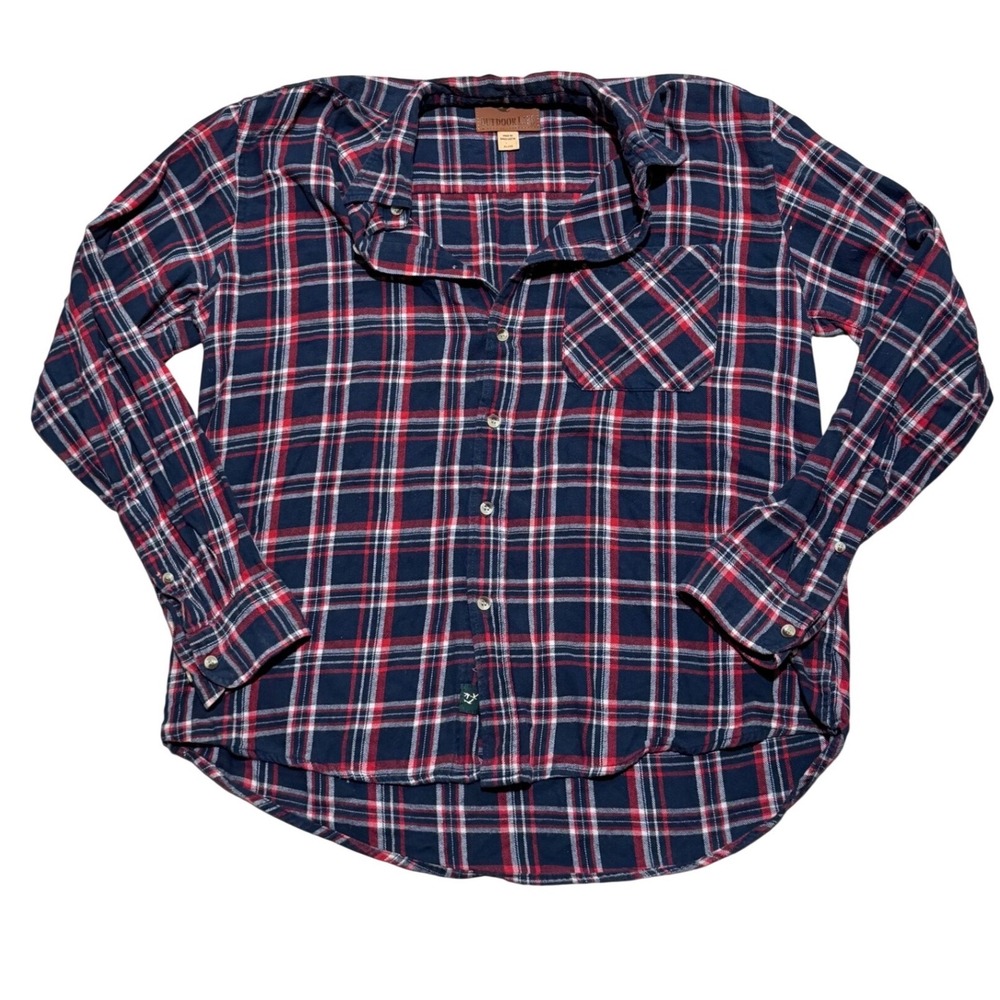 Outdoor Life Mens XL Flannel Shirt Navy Blue Red Plaid Long Sleeve Button Down